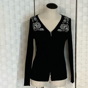 Belldini Black Cardigan with White Embroidery